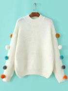 Romwe White Crew Neck Pom Pom Sweater