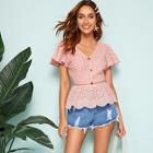 Romwe Flutter Sleeve Button Front Peplum Schiffy Top