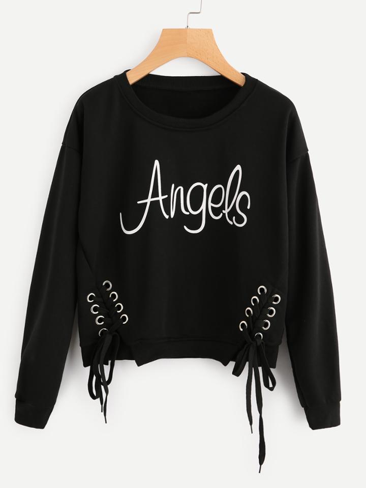 Romwe Letter Print Eyelet Lace Up Sweatshirt