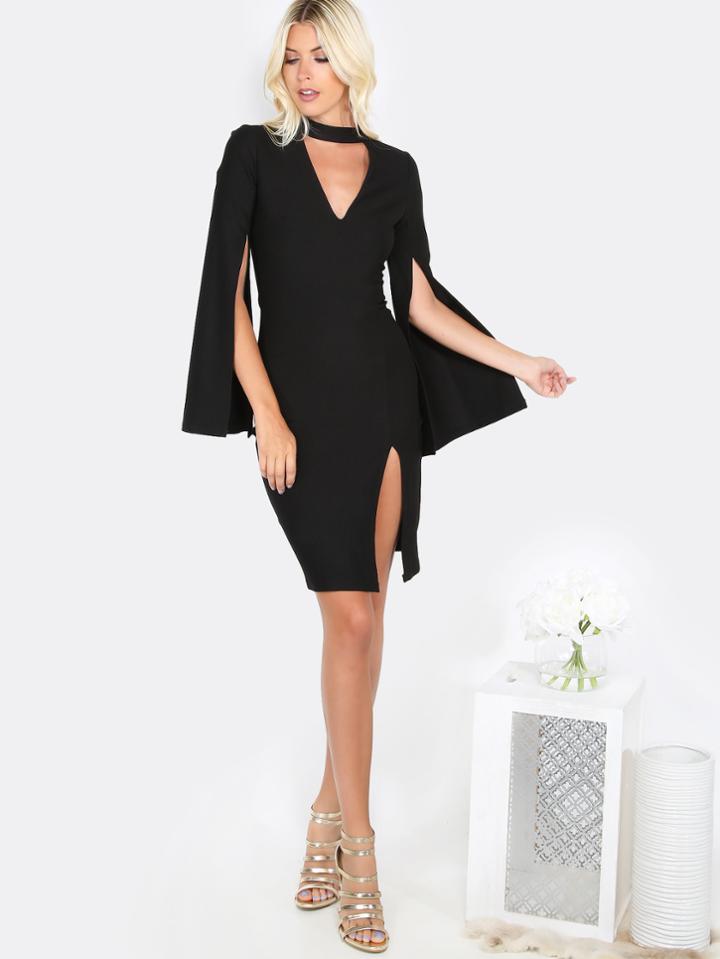 Romwe Choker Neck Split Bodycon Dress