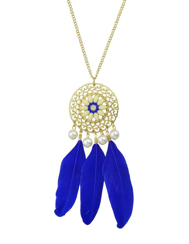 Romwe New Style Long Dream Catcher Pendant Blue Feather Necklace