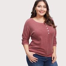 Romwe Plus Button Front Marled Knit Tee