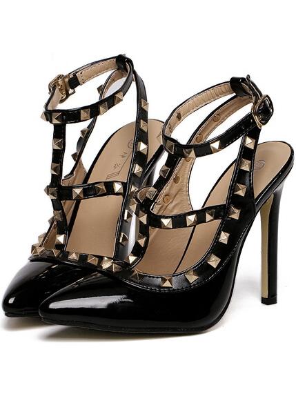 Romwe Black Pointy Cutout Studded Pu Heels