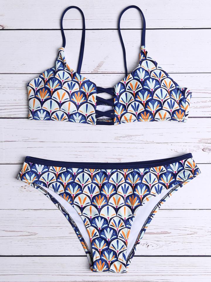 Romwe Multicolor Printed Criss Cross Bikini Set