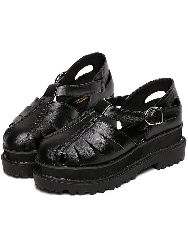 Romwe Black Buckle Cutout Pu Sandals