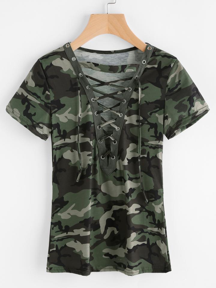 Romwe Camouflage Print Lace Up Front Tee