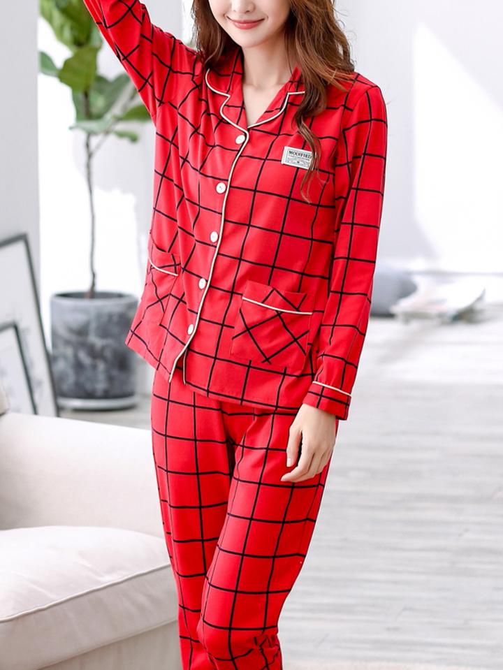 Romwe Contrast Binding Grid Print Shirt & Pants Pj Set