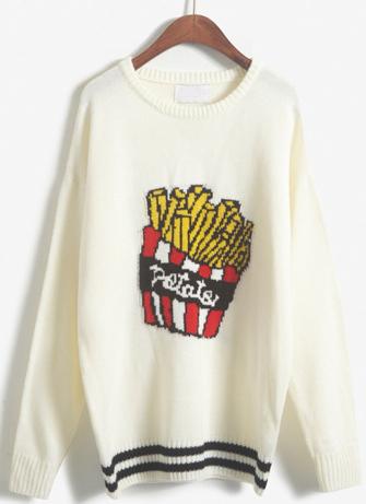 Romwe French Fries Print Black Sweater
