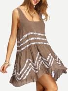 Romwe Coffee Contrast Lace Polka Dot Ruffle Dress