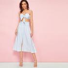 Romwe Stripe Print Tie Front Shirred Bandeau With Slit Skirt