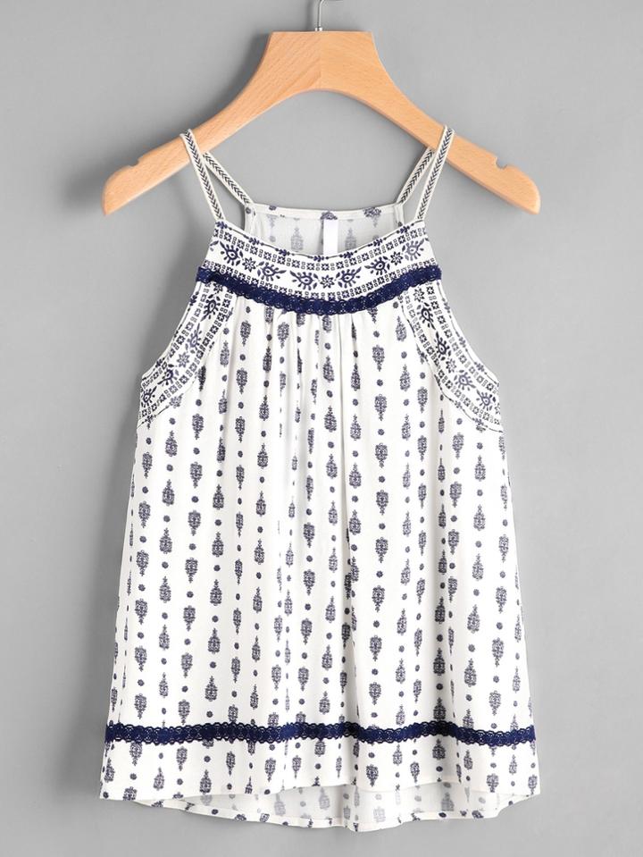 Romwe Tribal Print Contrast Crochet Lace Cami Top