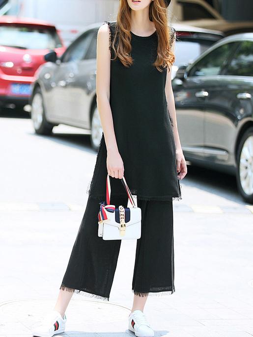 Romwe Black Knit Tassel Top With Pants