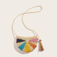Romwe Moon Shaped Tassel Decor Woven Bag