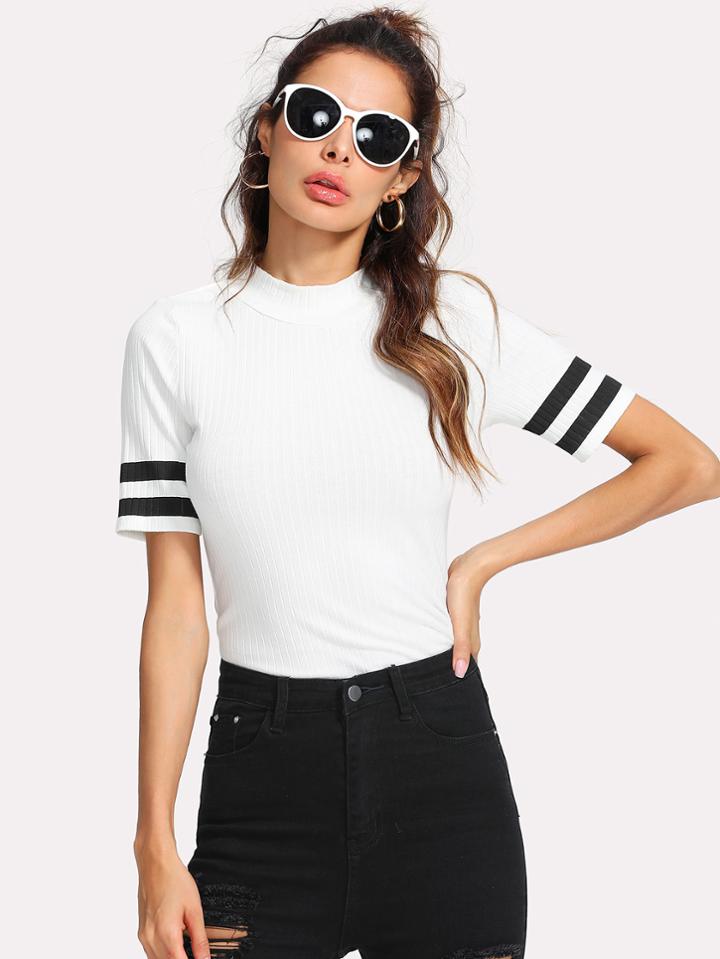 Romwe Mock Neck Striped Sleeve Ribbed Tee