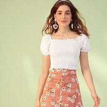 Romwe Eyelet Embroidery Lettuce Trim Shirred Blouse