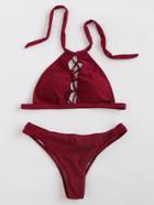 Romwe Burgundy Criss Cross Halter Bikini Set