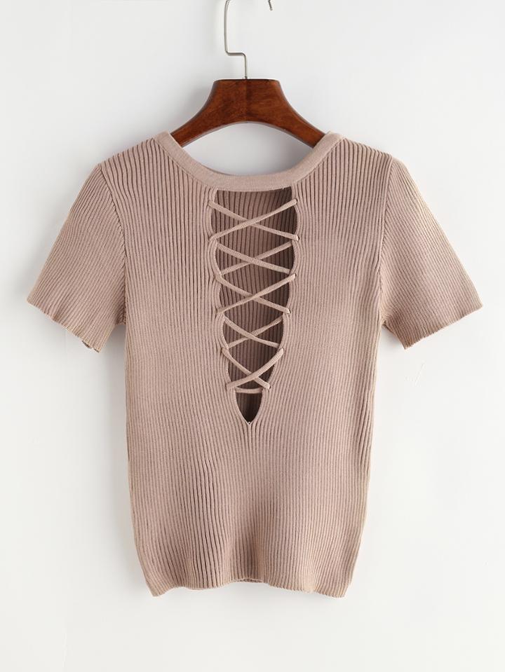 Romwe Khaki Lace Up Ribbed Knitted T-shirt