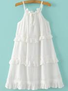 Romwe White Lace Up Ruffle Tiered Dress