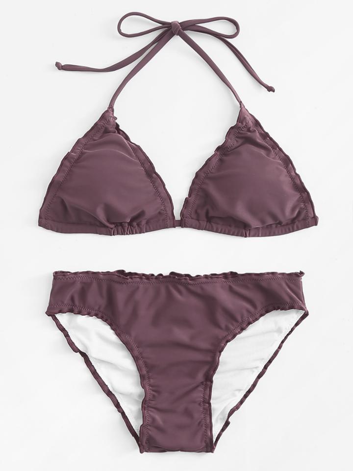 Romwe Frill Trim Solid Bikini Set