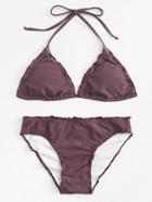 Romwe Frill Trim Solid Bikini Set