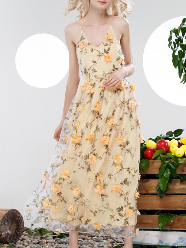 Romwe Yellow Spaghetti Strap Backless Flowers Applique Dress