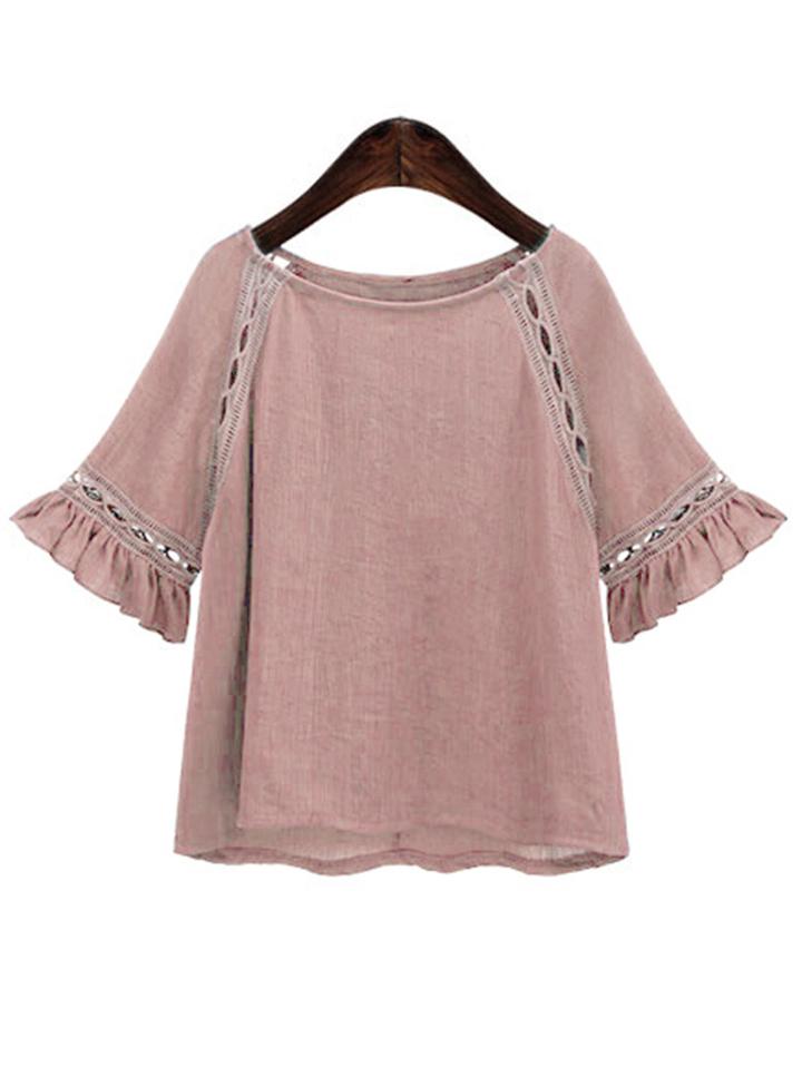 Romwe Pink Eyelet Lace Insert Ruffle Sleeve Blouse