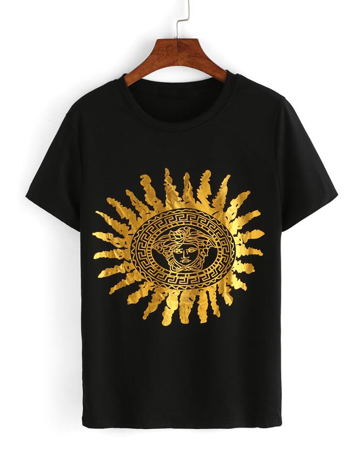 Romwe Gold Graphic Print T-shirt - Black