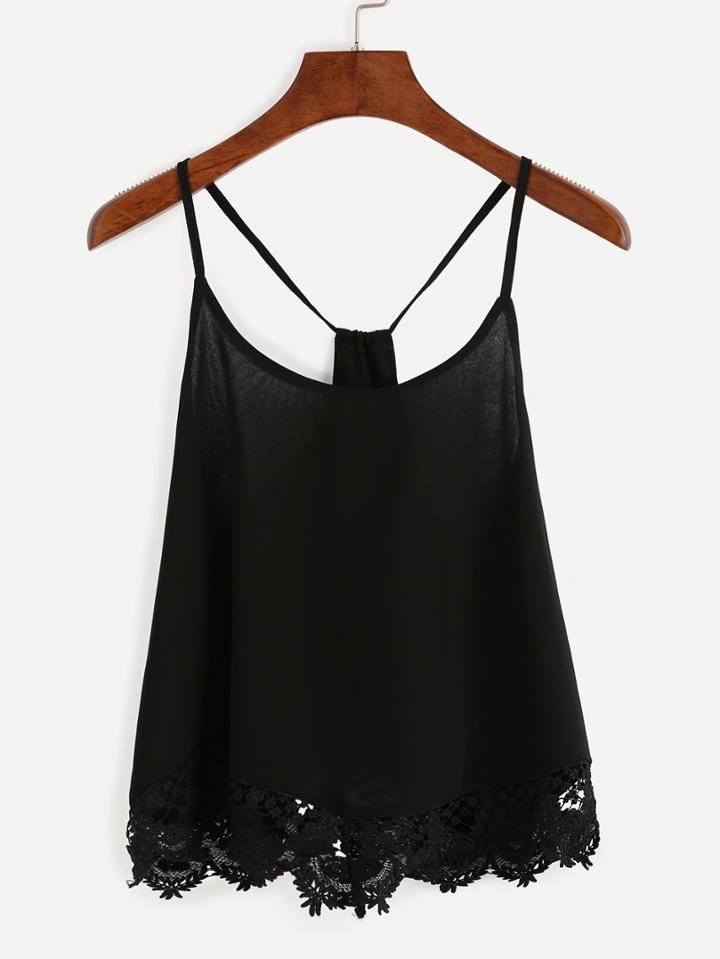 Romwe Black Lace Trimmed Racerback Chiffon Cami Top