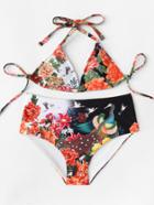 Romwe Flower & Bird Print Bikini Set