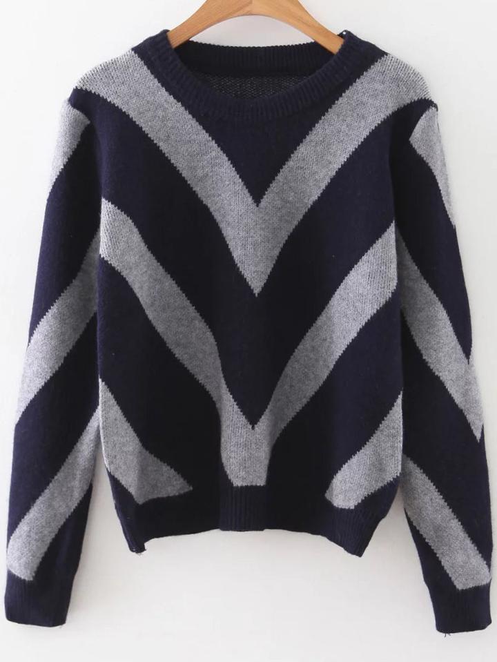 Romwe Navy Chevron Pattern Ribbed Trim Sweater
