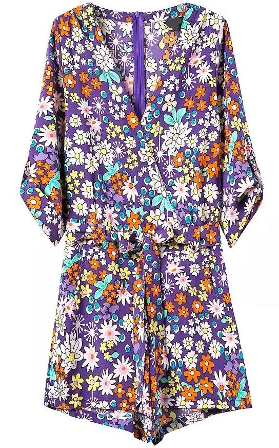Romwe Deep V Neck Back Zipper Florals Jumpsuit