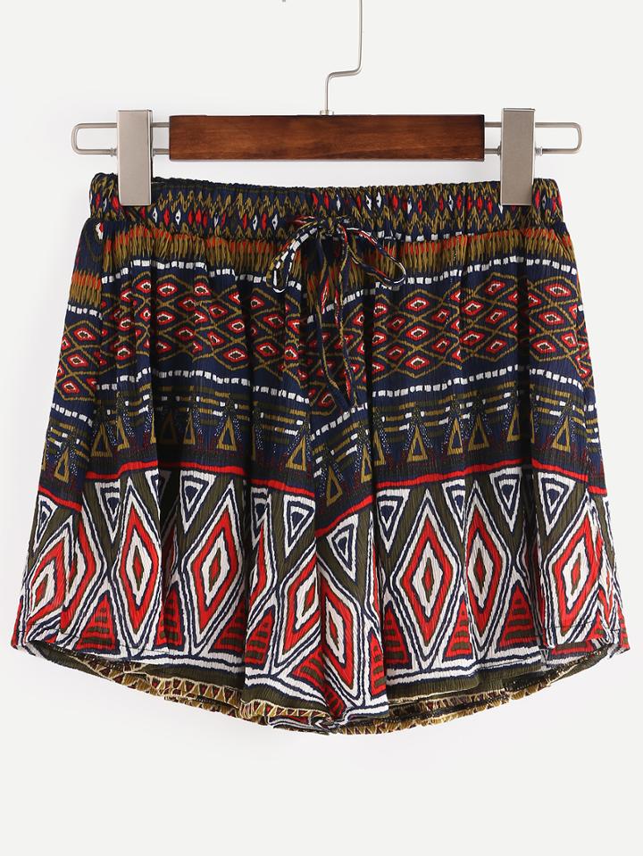Romwe Drawstring Waist Multicolor Random Tribal Print Shorts