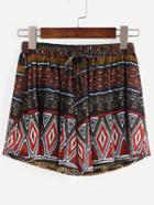 Romwe Drawstring Waist Multicolor Random Tribal Print Shorts