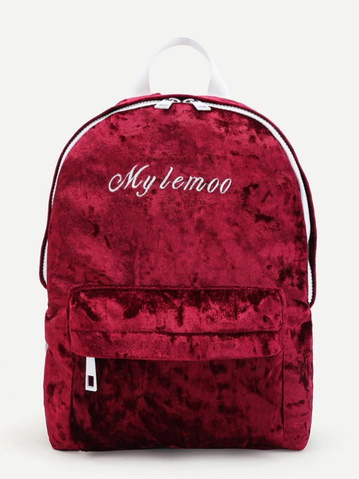 Romwe Letter Embroidery Velvet Backpack