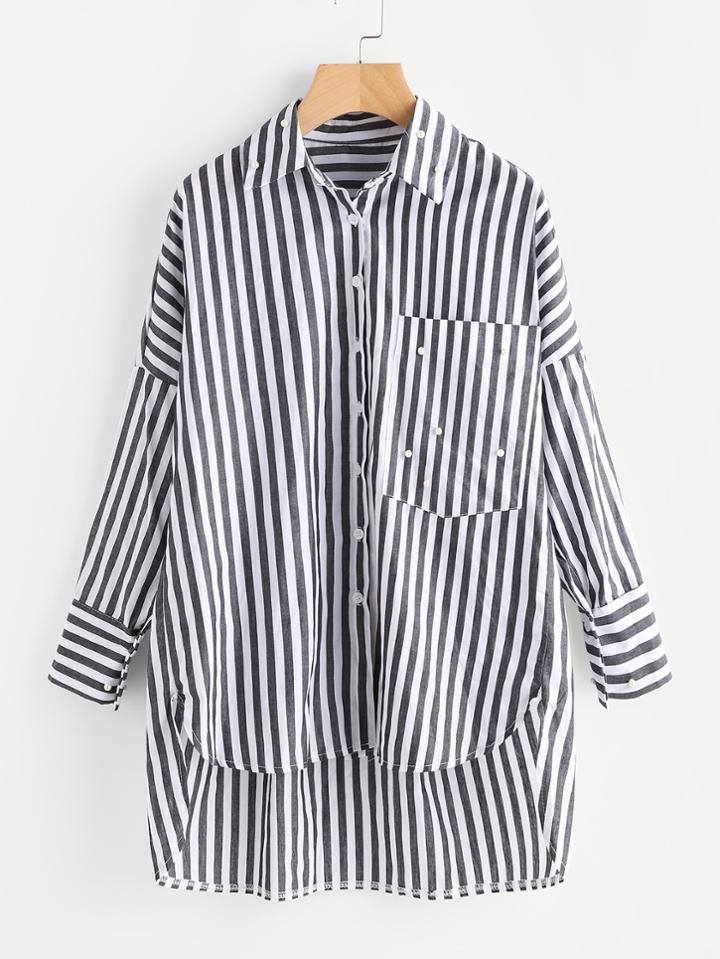 Romwe Stripe Dip Hem Faux Pearl Detail Shirt