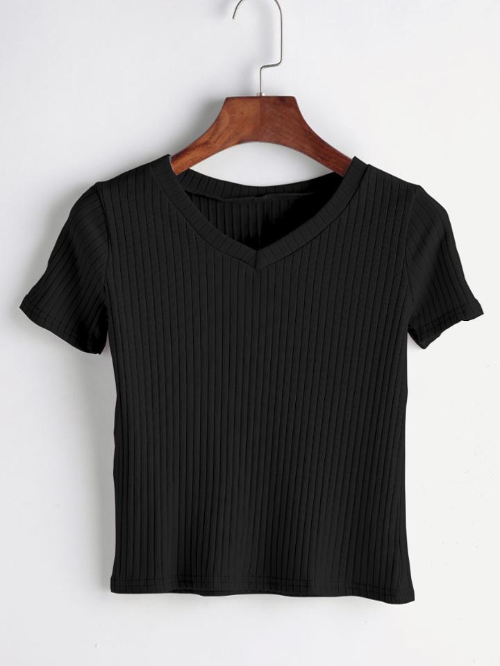Romwe Black V Neck Ribbed Knitted T-shirt