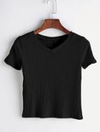 Romwe Black V Neck Ribbed Knitted T-shirt