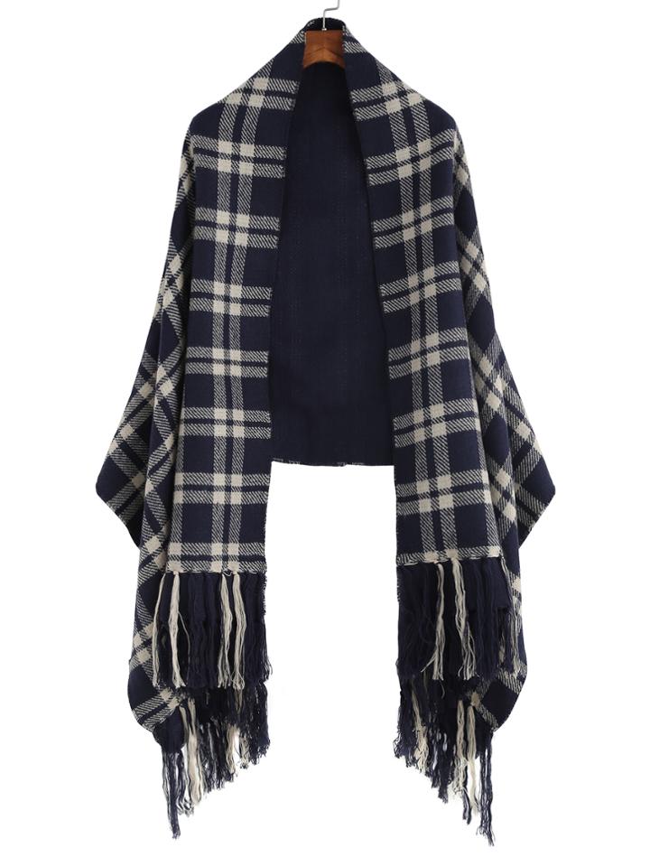 Romwe Navy Plaid Long Fringe Warm Shawl Scarf