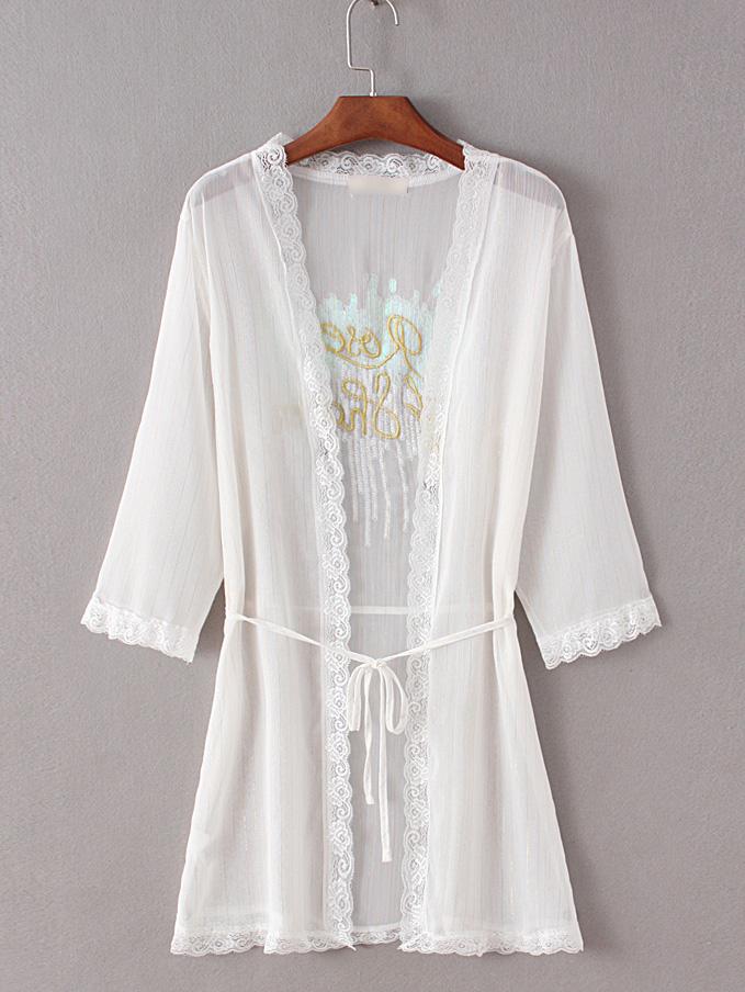 Romwe White Tie Waist Embroidered Sequin Coat