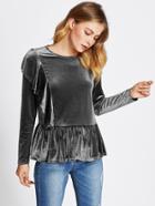 Romwe Flounce Trim Velvet Peplum Top