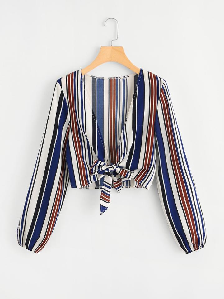 Romwe Deep V Neckline Knot Front Striped Top