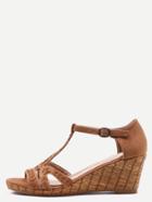 Romwe Tan Faux Suede Braided T-strap Wedges
