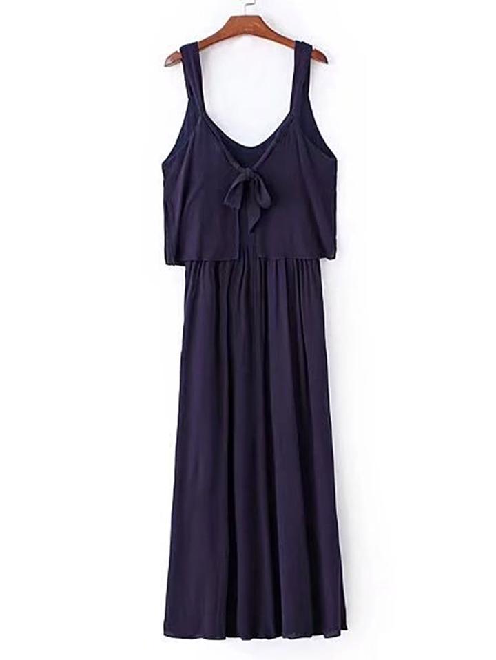 Romwe Knot Front Sleeveless Pleated Dress