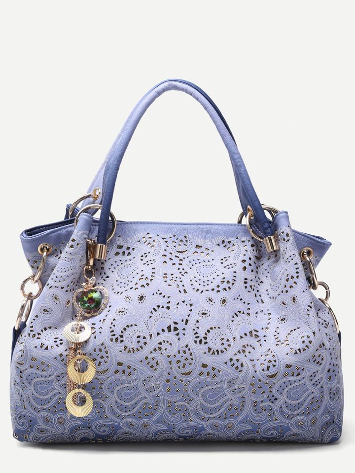 Romwe Blue Ombre Shell Pendant Paisley Hollow Out Tote Bag