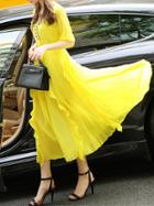 Romwe Yellow Ruffle Pleated Beading Maxi Dress