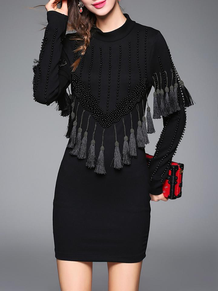 Romwe Black Tassels Beading Sheath Dress