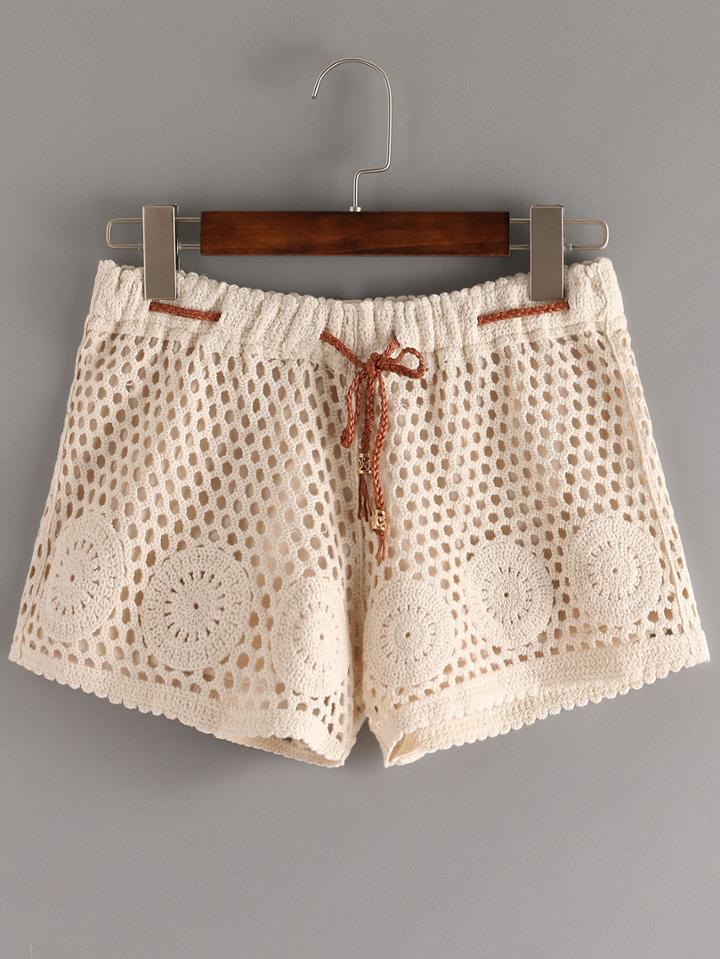 Romwe Braided Drawstring Crochet Overlay Shorts - Apricot