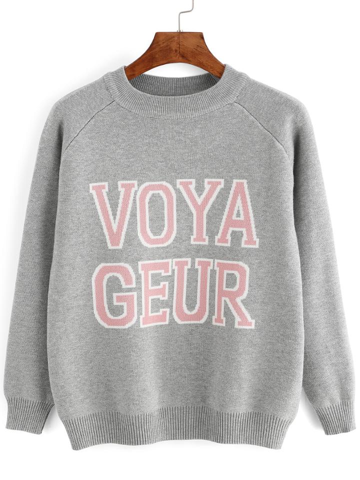 Romwe Raglan Sleeve Letter Print Grey Sweater