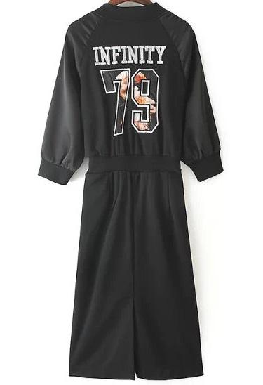 Romwe Black V Neck Infinity 79 Embroidered Dress