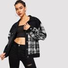 Romwe Button Up Flap Pocket Plaid Denim Jacket